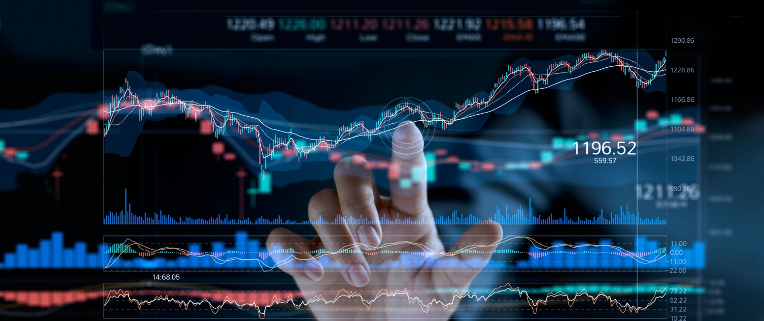 Businessman touching stock market graph on a virtual screen display.