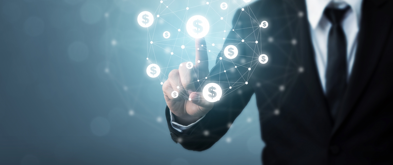 Businessman pointion dollar currency icon, Concept online transaction application for ecommerce and internet investment